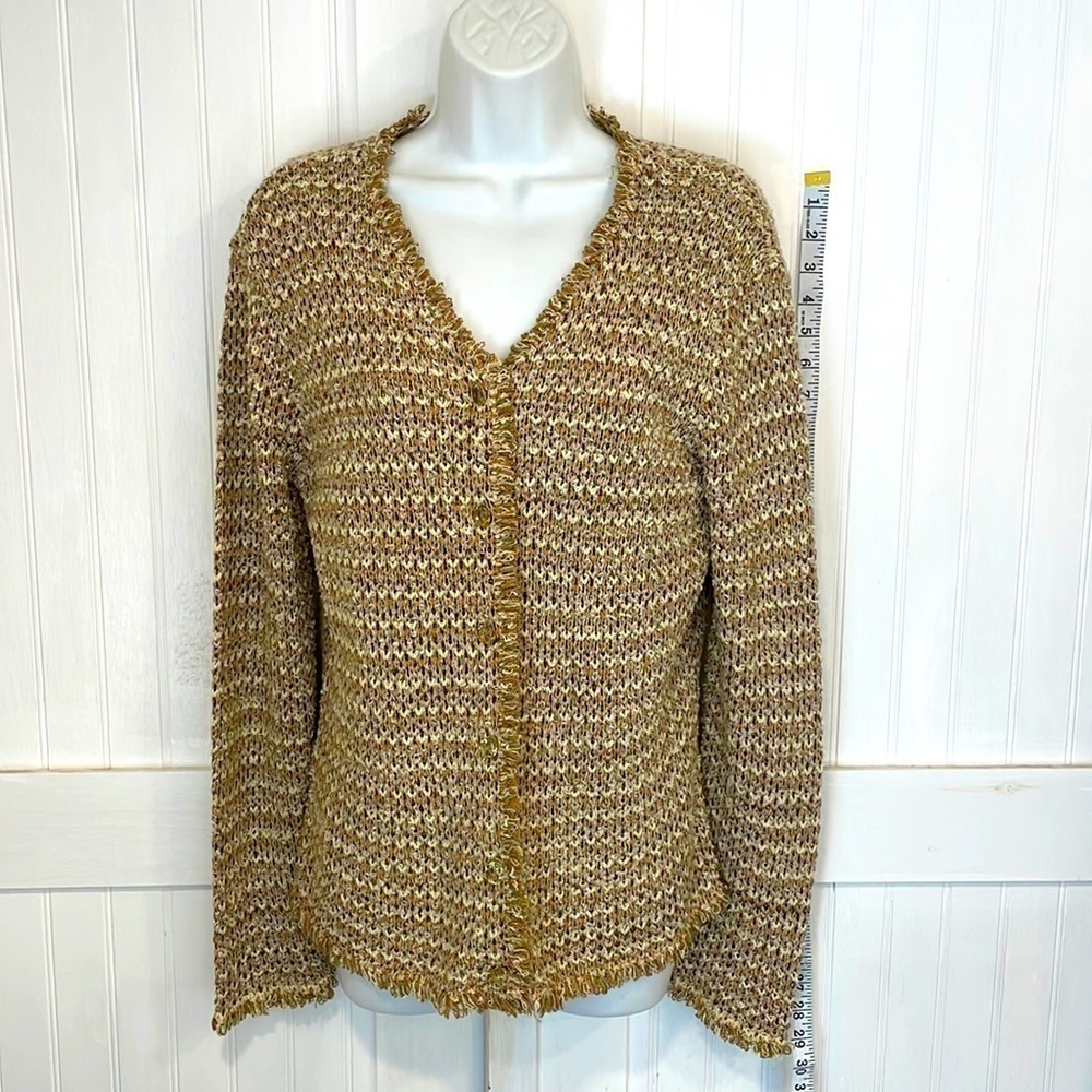 Talbots beautiful brown,beige dusty pink cardigan size M w/yellow glassy buttons